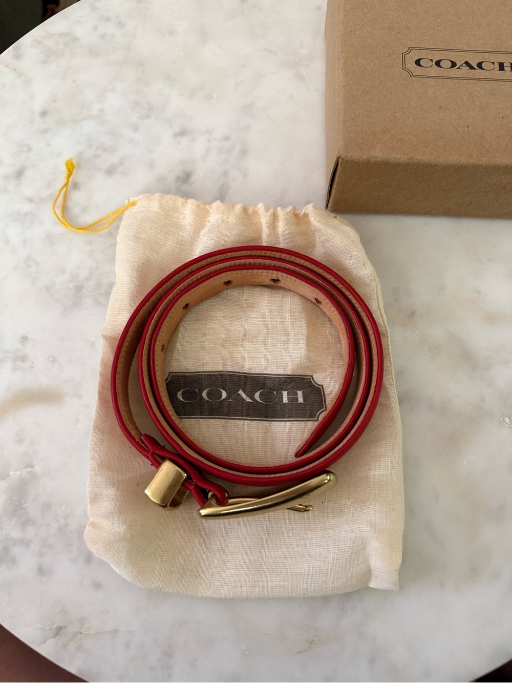 COACH Vintage Red Leather Skinny Wrap Belt with Gold-Tone Buckle